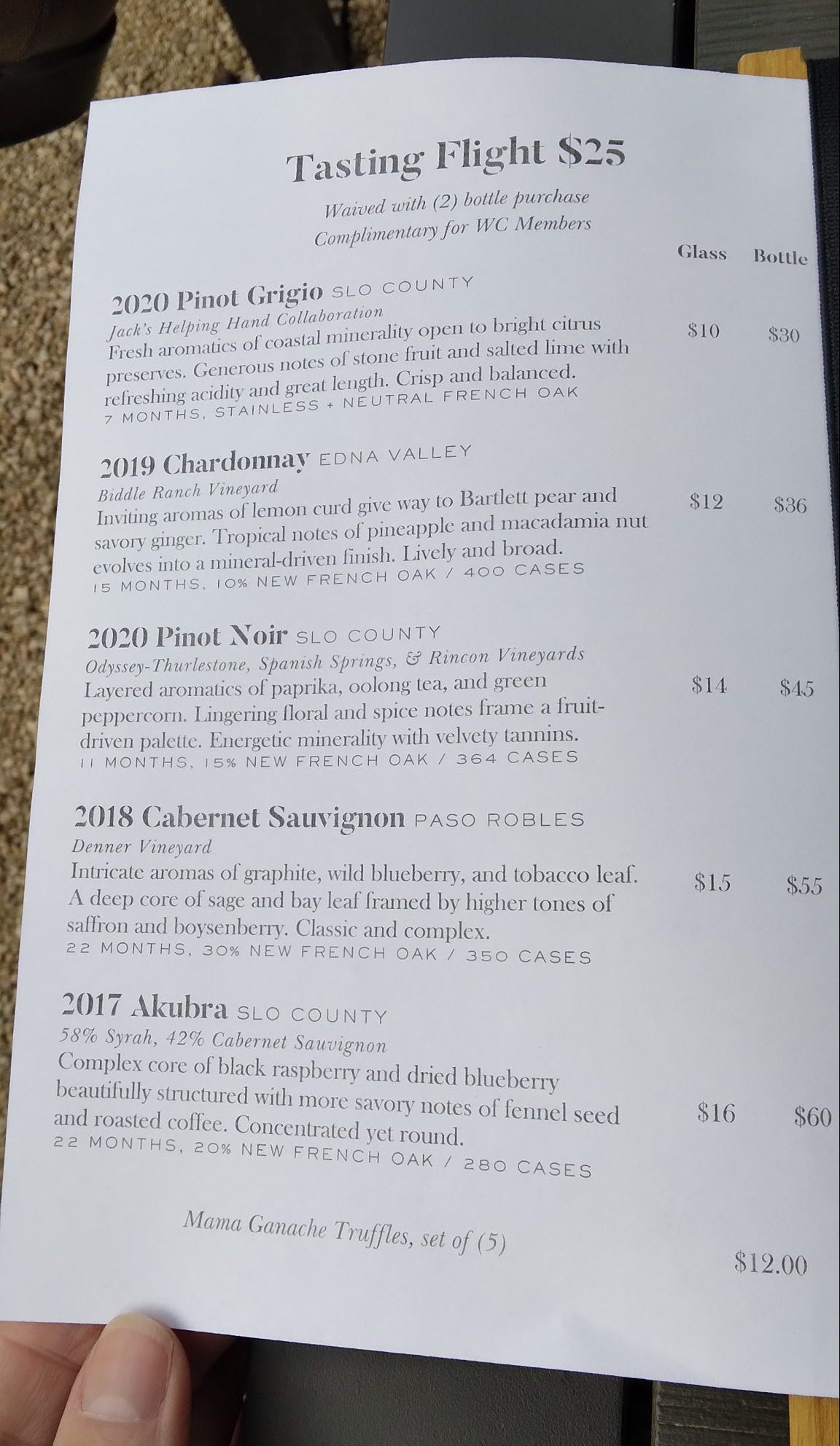 Biddle Ranch Vineyard Tasting Flight menu